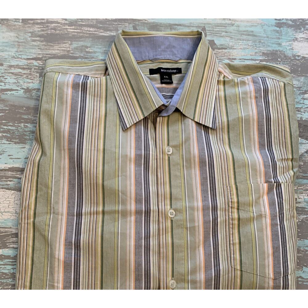XXL Metro Exchange Green Stripe Button Down Men's Shirt 100% Cotton
